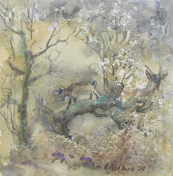Early spring. Evening sketch with goats / Original watercolor Plein air artwork Square picture Ocher brown landscape