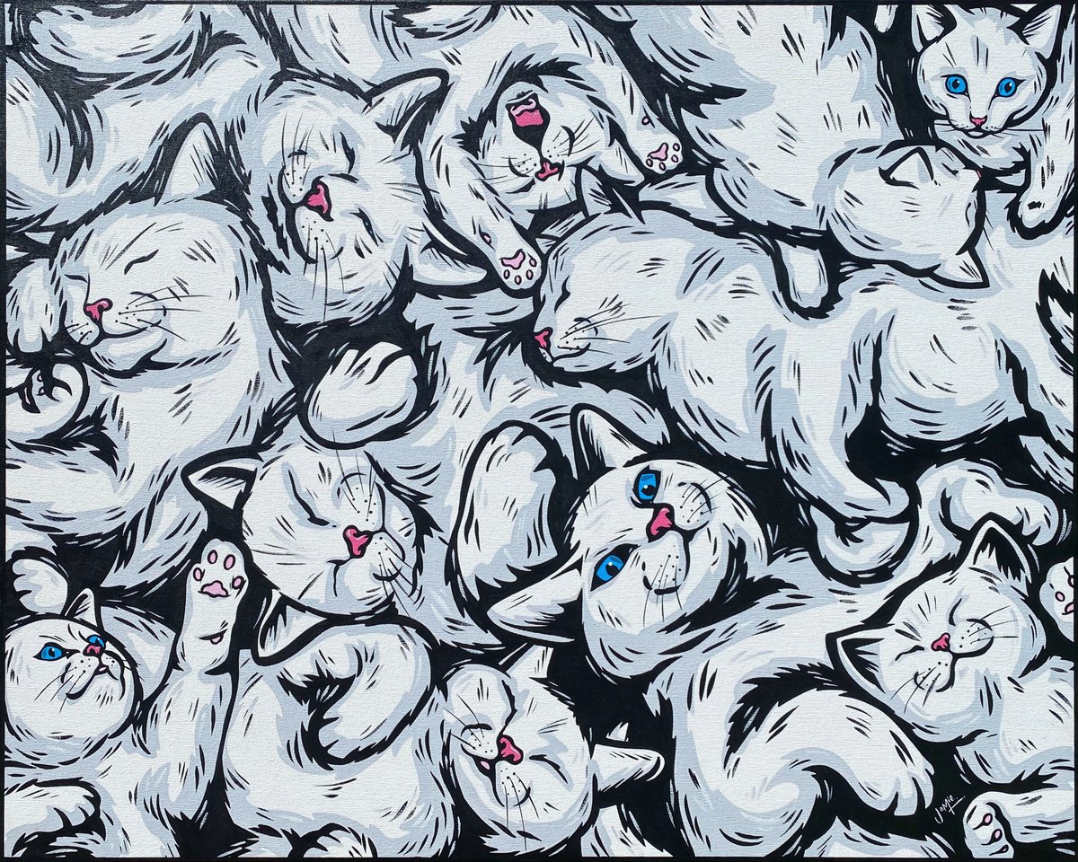 Urban And Pop Animal Acrylic Painting By Jamie Lee, 39 X 31, White Cats, Original Artwork