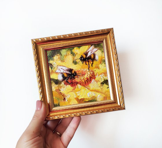 Yellow flower painting Bumble bee wall art Engagement gift for couple bee art painting original small framed picture