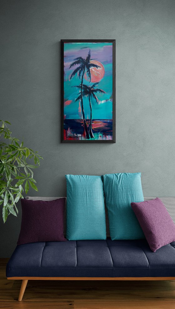 Delicate painting - "Pink moon" - Pop Art - palms and sea - night seascape - 2022