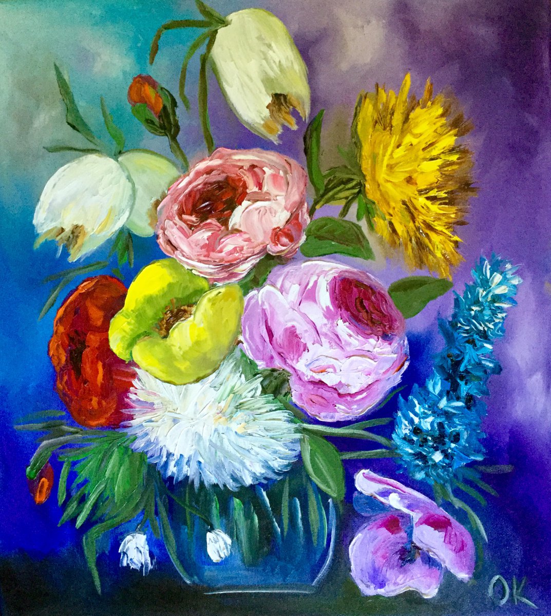 BOUQUET OF SUMMER FLOWERS palette knife modern Still life Dutch style office home decor... by Olga Koval