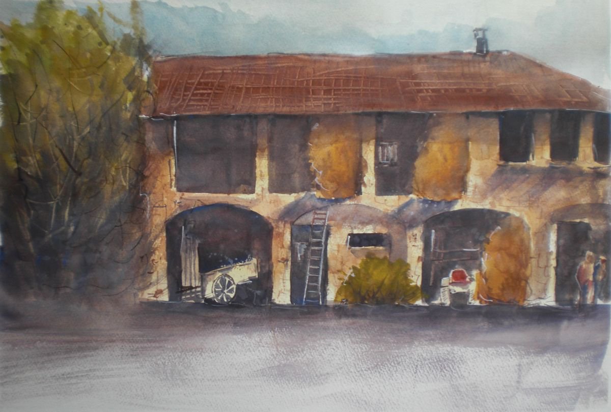 Expressive Landscape Watercolour By Giorgio Gosti, 19 X 13, The Farm, Original Artwork