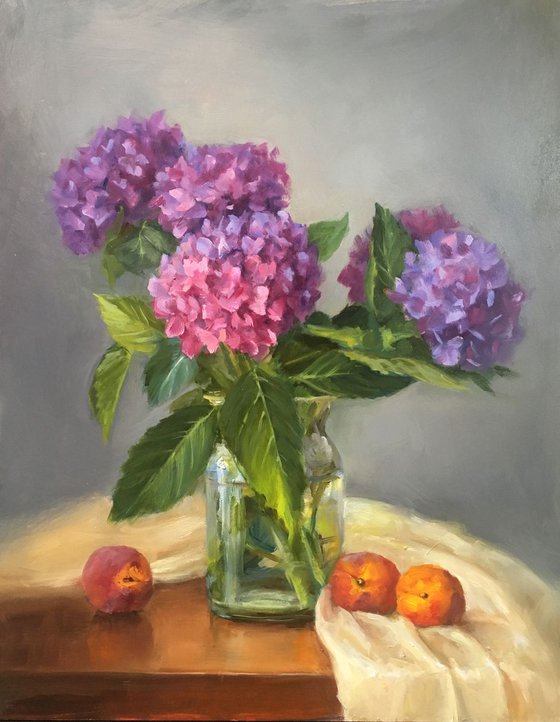 Hydrangeas and Peaches. Origianl Oil Painting