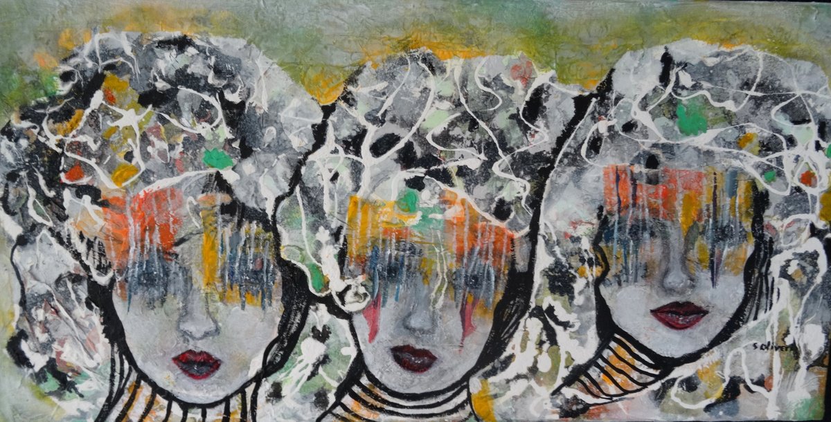 Expressive Portrait Acrylic Painting By Sylvie Oliveri, 31 X 16", 3 Friends...special Price, Original Artwork