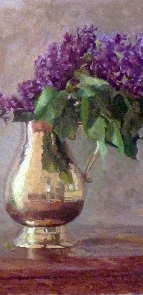 Purple Lilac in a copper vase by Radosveta Zhelyazkova