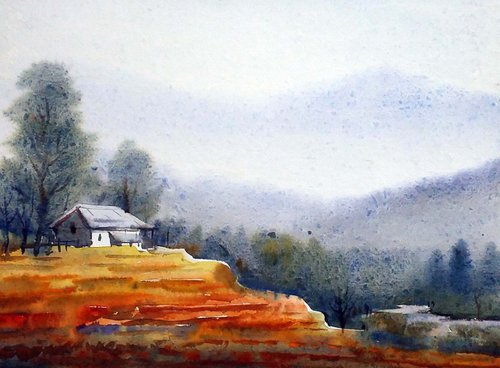 Mountain Village & Flower Valley - Watercolor on Paper by Samiran Sarkar