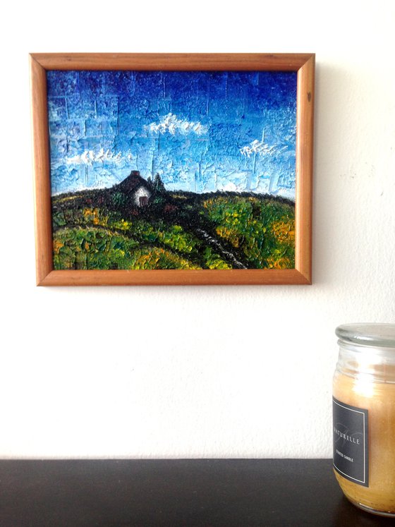 "My Secret Cottage" - Original PMS Micro Painting on Glass, Framed - 11" x 9"