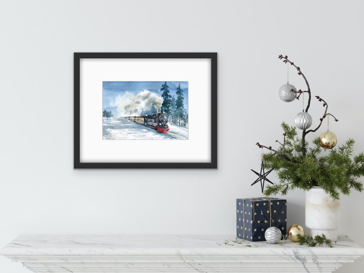 Winter train. Original watercolor artwork. by Evgeniya Mokeeva