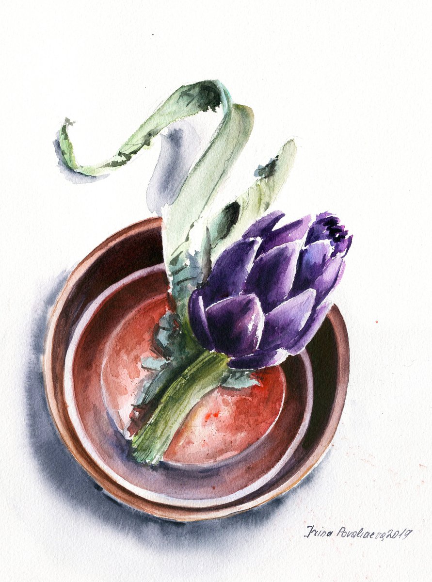 Artichoke, watercolor, plant, purple, original floral painting still life, gift for her by Irina Povaliaeva