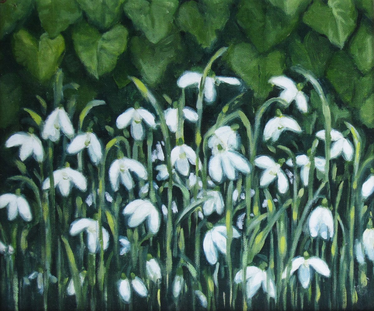 Photorealistic Botanical Oil Painting By Sophie Colmer-Stocker, 14 X 12", Snowdrops And Ivy, Original Artwork