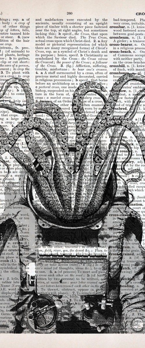 Octopus Astronaut - Collage Art Print on Large Real English Dictionary Vintage Book Page by Jakub DK - JAKUB D KRZEWNIAK