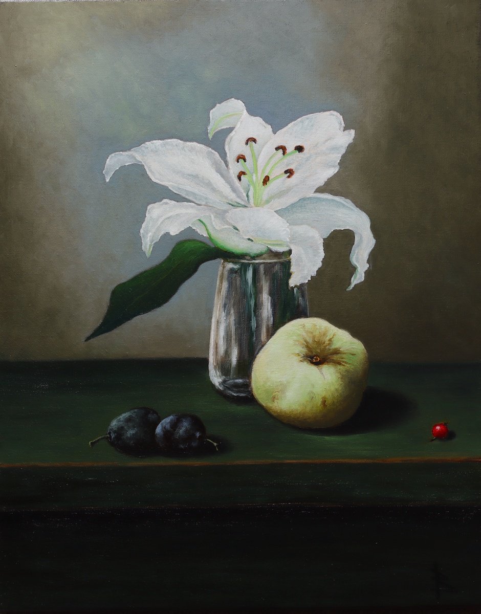 Impressionistic Still Life Oil Painting By Oleg Baulin, 16 X 20", Lily And Apple, Original Artwork