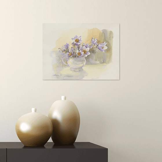 Spring flowers in the cup. Dream-grass / ORIGINAL watercolor 14x11in (38x28cm)