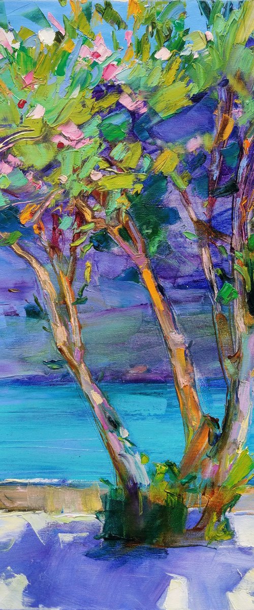 Oleander and blue mountains by Helen Shukina