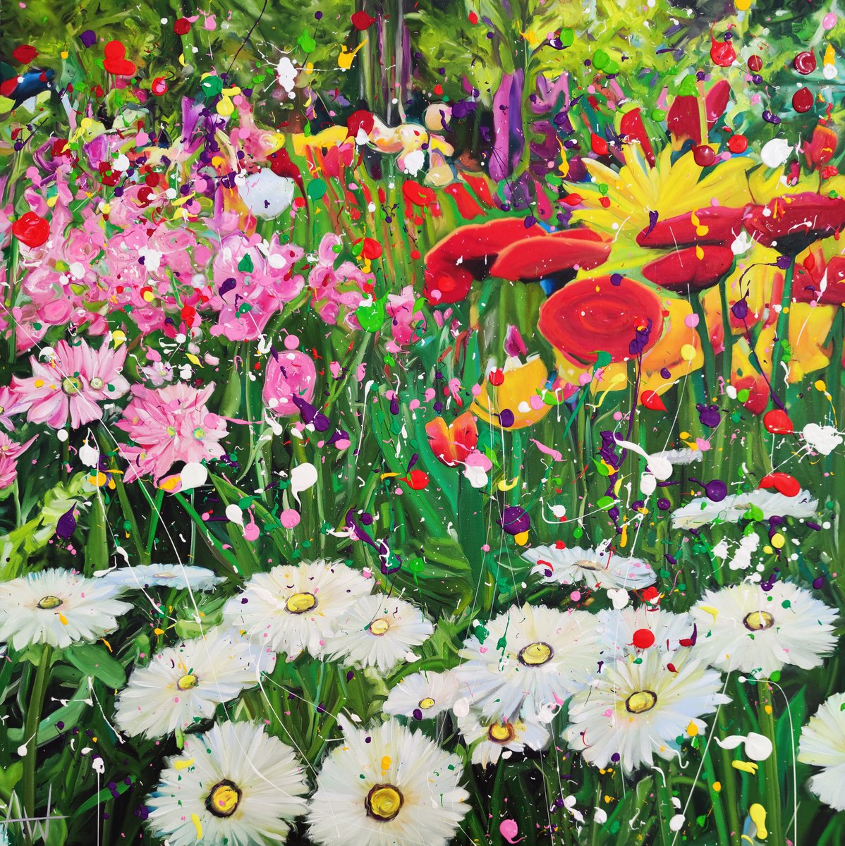 Impressionistic Botanical Oil Painting By Angie Wright, 47 X 47, Spring Parade, Original Artwork