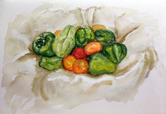Still life painting of a basket of vegetables 28