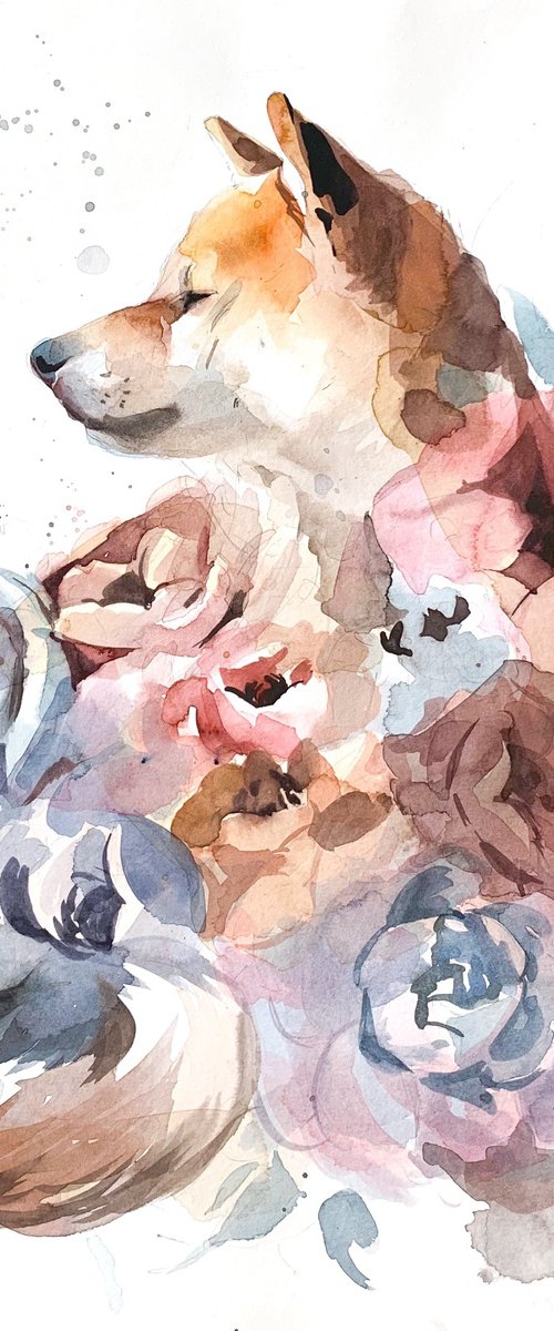 Shiba Inu dog in flowers by Belyaeva Oleksandra