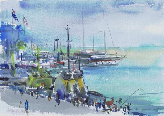 Port in Batumi. Georgia. Watercolour by Marina Trushnikova. Seascape, Plein air artwork, A3 watercolor.