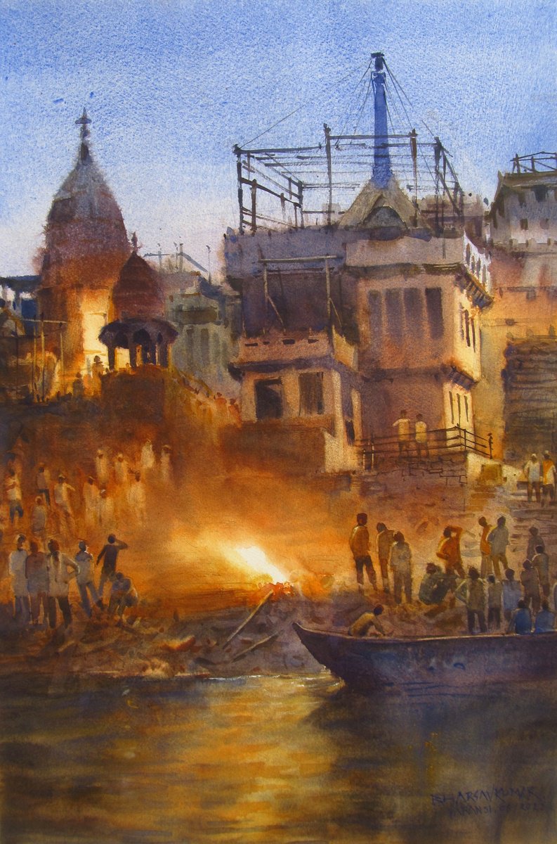 Impressionistic Cityscapes Watercolour By Bhargavkumar Kulkarni, 14 X 21, Banaras Ghat, Original Artwork