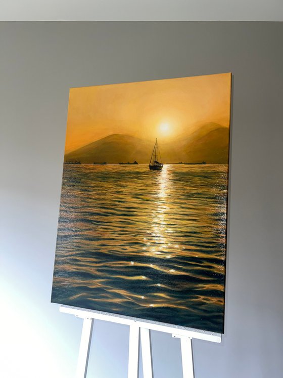 Peace of mind. Sailboat at sunset