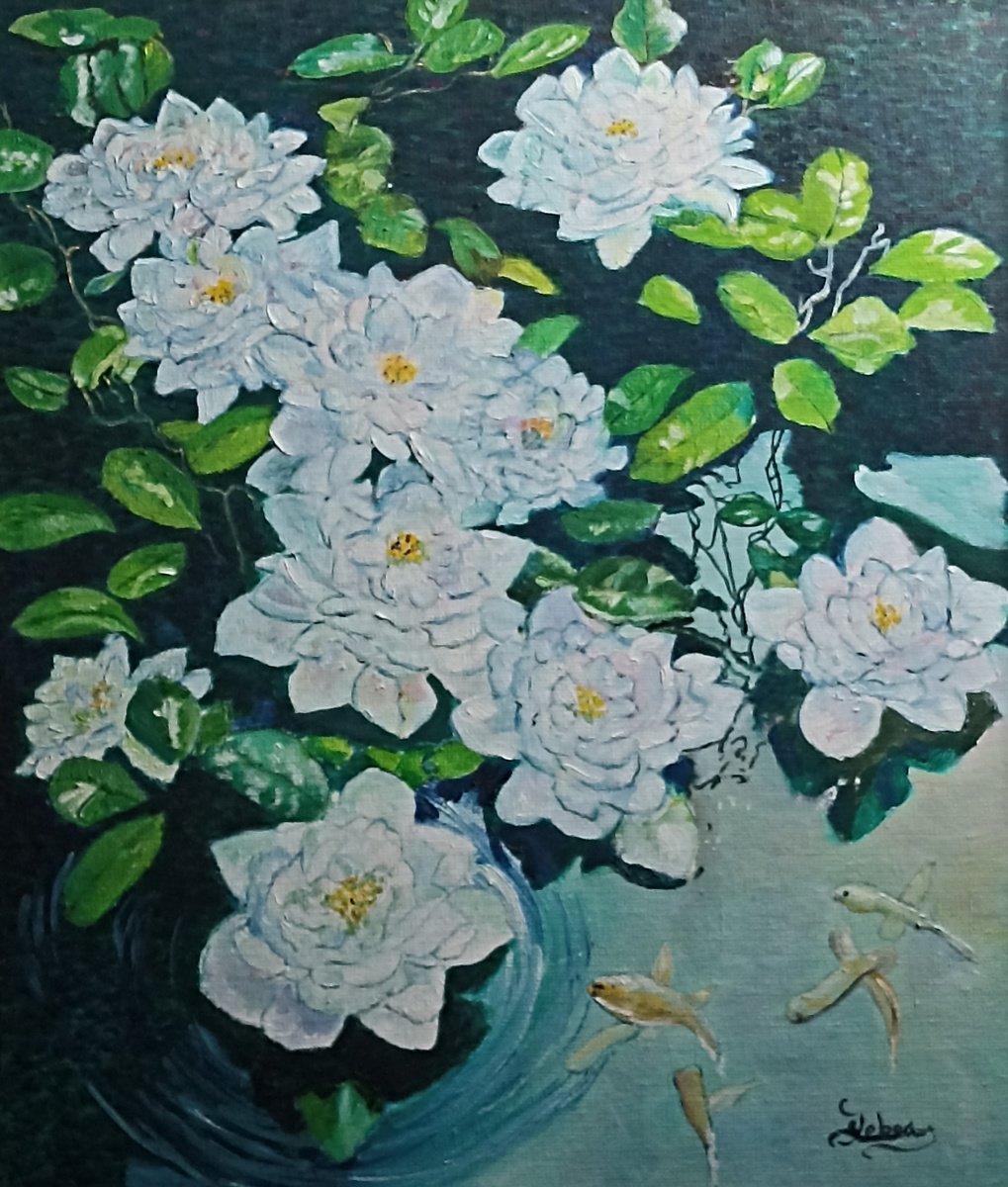 Impressionistic Botanical Oil Painting By Isabelle Lucas, 18 X 22, Waterlilies 1, Original Artwork