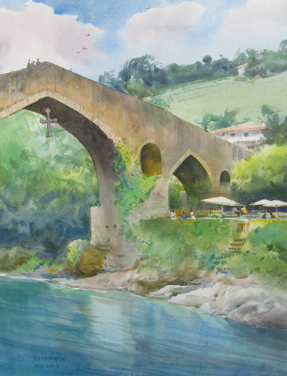Impressionistic Landscape Watercolour By Bhargavkumar Kulkarni, 11 X 14, Roman Bridge, Asturias, Spain, Original Artwork