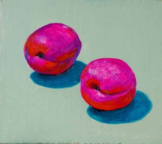 gift for food lovers: modern still life of pop pink apricots on green background