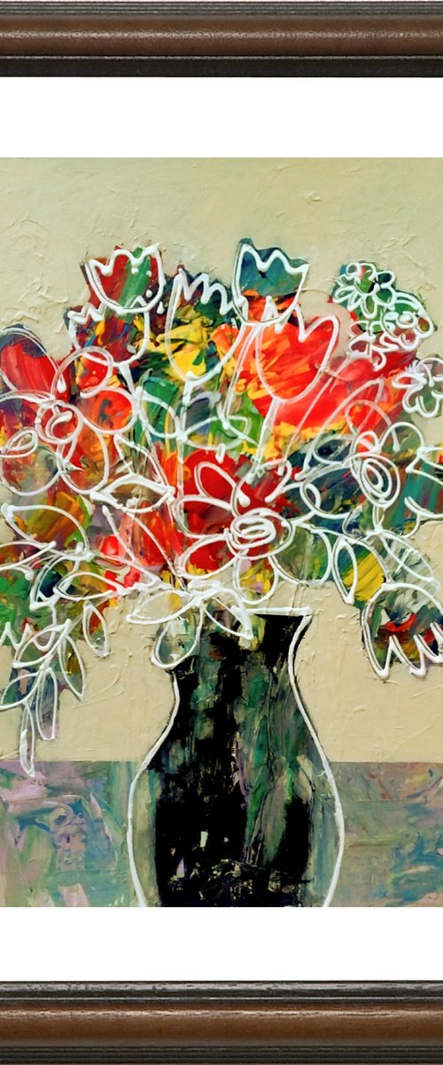 Flowers from the Garden in a Black Vase by Jan Rippingham