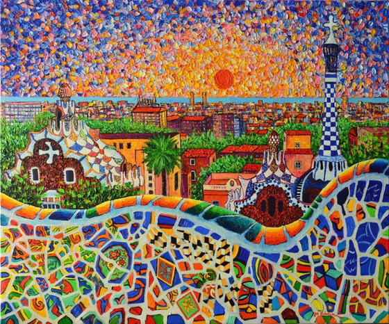 BARCELONA PANORAMIC VIEW FROM PARK GUELL - large palette knife oil painting on linen 90x75 cm