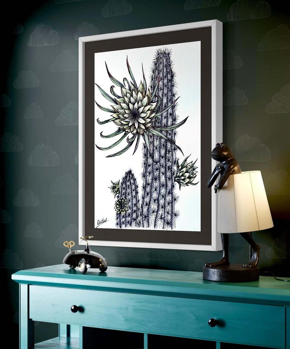 Illustrative Botanical Ink Drawing By Maria Tuzhilkina, 11 X 17", Yellow Cactus Flowers, Original Artwork