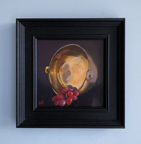 Brass Vintage Pot & Grapes still life original oil painting ideal gift home decor.