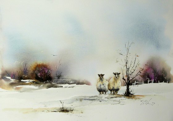 Two Sheep. Original Watercolour Painting.