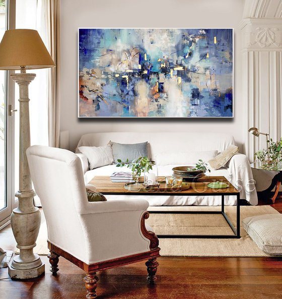 Indigo Clouds - Extra Large Oversize Abstract Painting 71" x 40" , Blue Grey Gold Leaf Soft Colors White Gray Painting