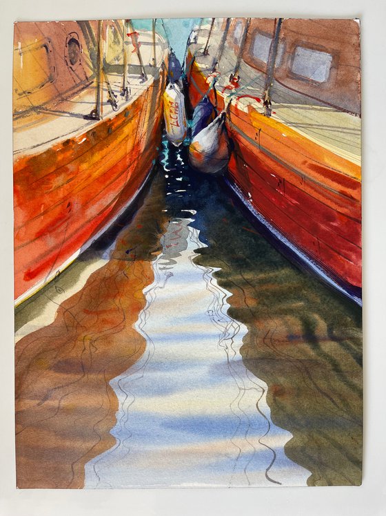 Yachts in the port. Watercolor painting