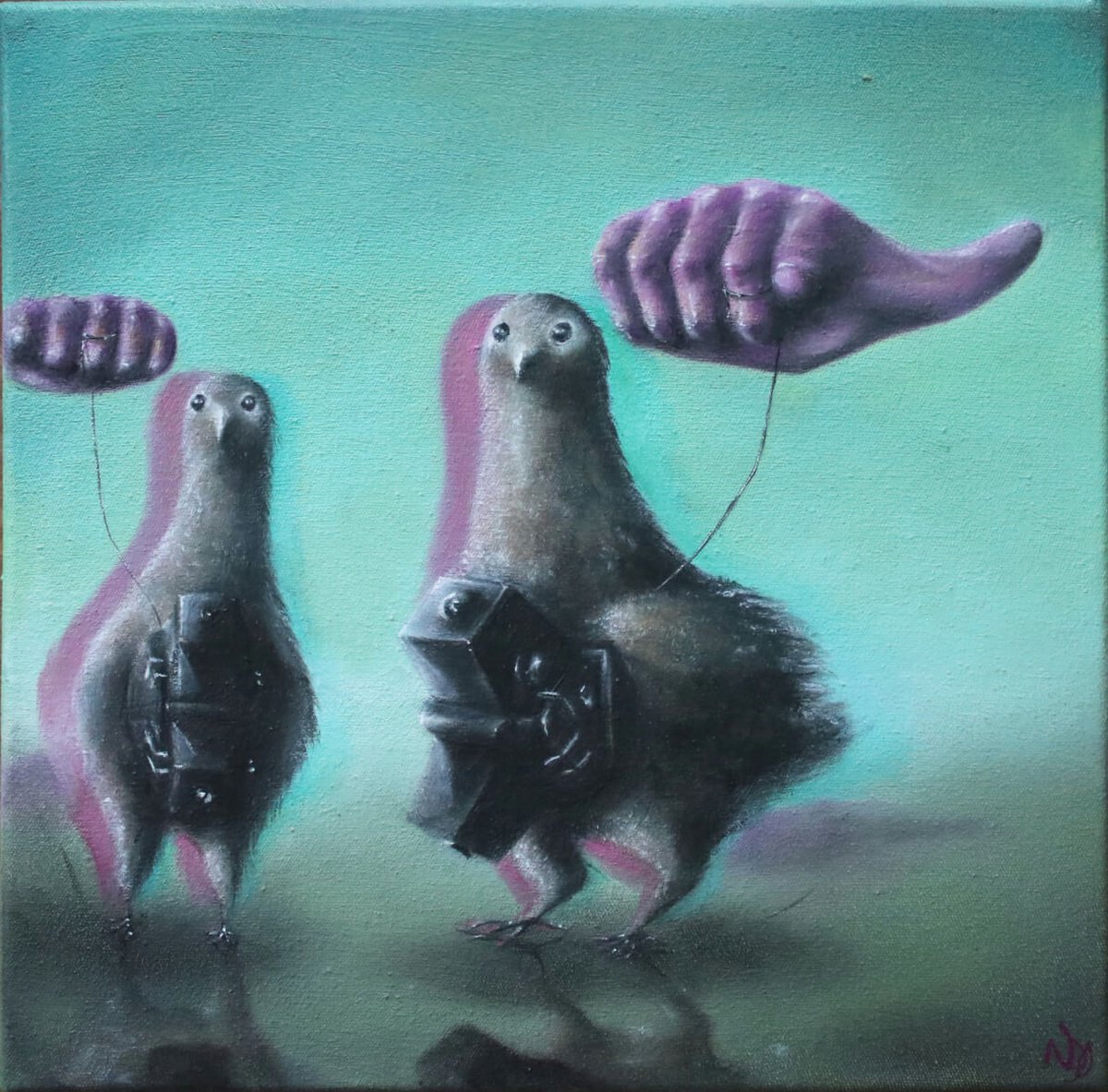 Surrealistic Animal Oil Painting By Vanessa T Stefanova, 10 X 10", Spy Pigeon, Original Artwork
