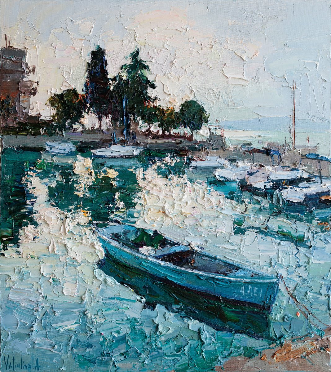Impressionistic Landscape Oil Painting By Anastasiia Valiulina, 16 X 18, Boats On Lake Garda, Original Artwork