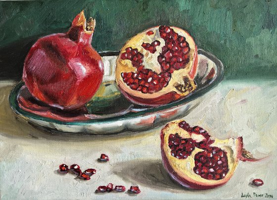 Pomegranates on metal tray