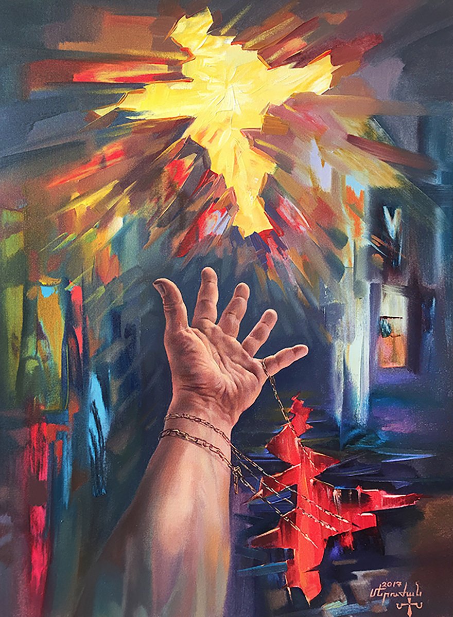 Surrealistic Abstract Oil Painting By Meruzhan Khachatryan, 24 X 31", The Struggle Of A Lifetime, Original Artwork