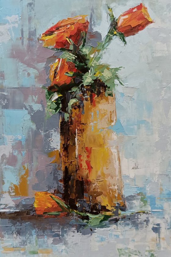 Small modern still life painting in oil. Flowers in vase