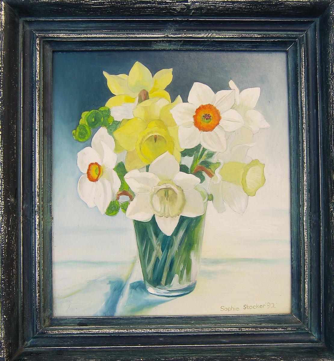 Botanical Oil Painting By Sophie Colmer-Stocker, 12 X 13", Daffodils In A Glass, Original Artwork