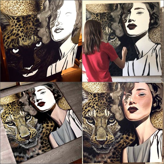 "Lady Leopard" 100 x 100 cm ,  / hyperrealism / photorealism / wild cat / wild life/ animalism