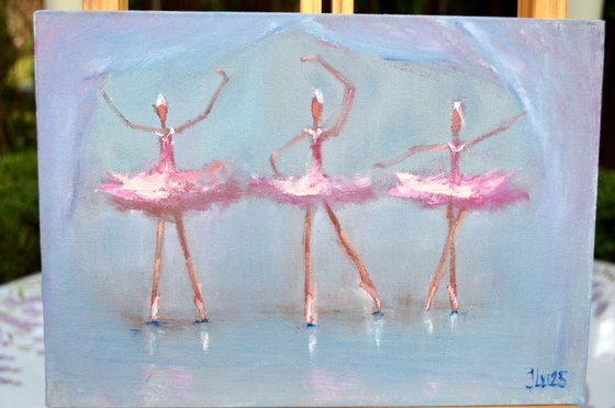 Funny pink ballerinas. Miniature  impasto oil