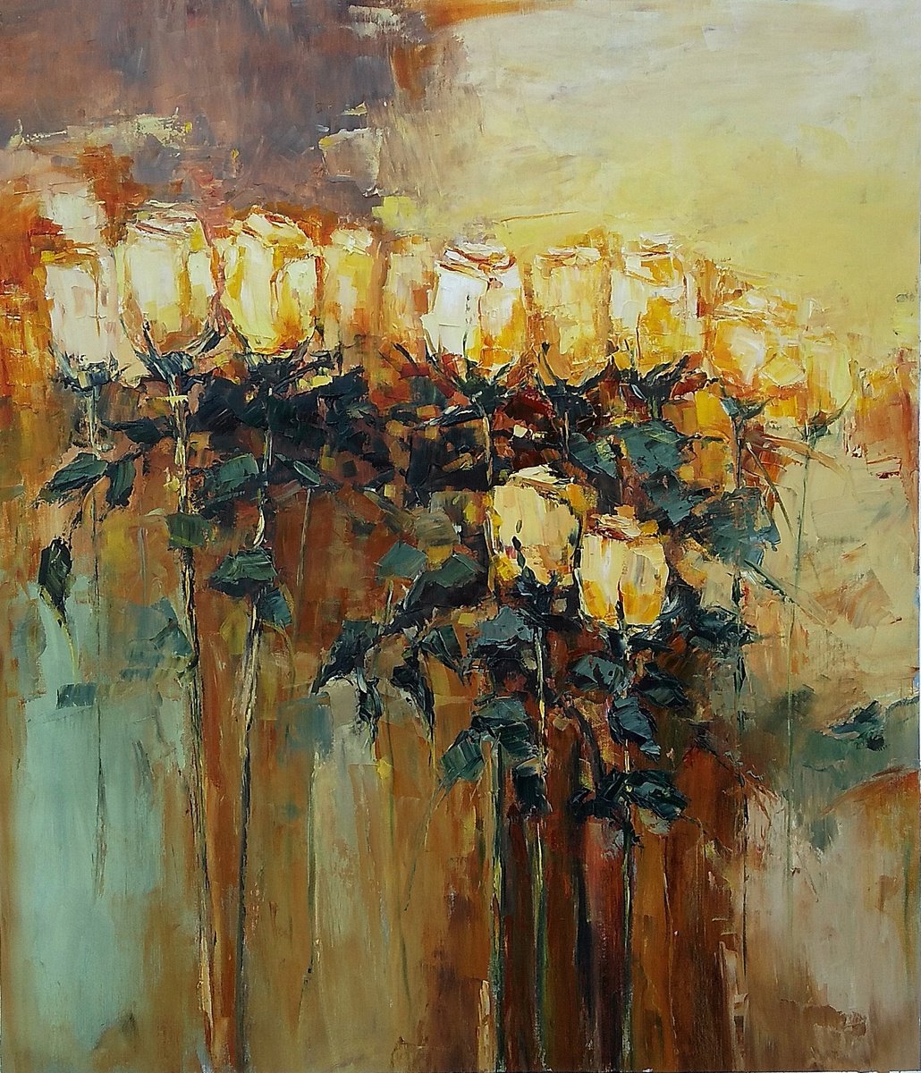 REJOICING, 74x86cm, yellow roses expressive modern original by Emilia Milcheva