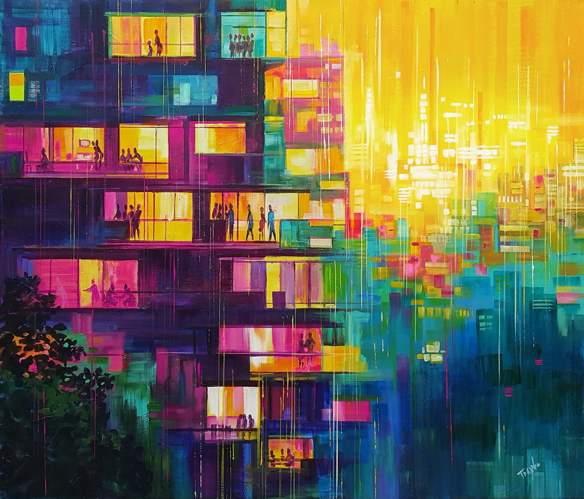 Abstract Portrait Acrylic Painting By Trayko Popov, 39 X 33", Sunset In The City, Original Artwork