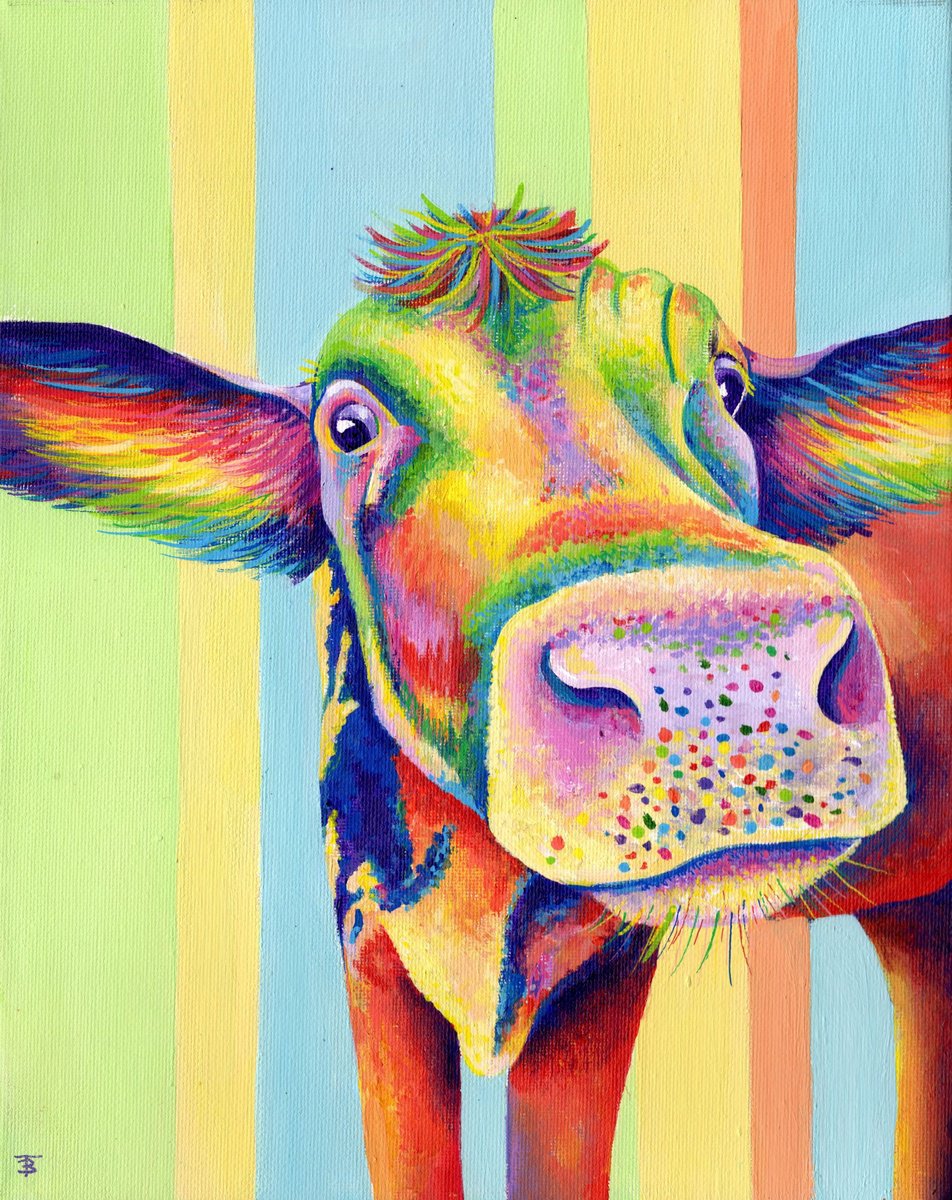 Illustrative Animal Acrylic Painting By Tiffany Budd, 9 X 12", Snippy The Rainbow Calf, Original Artwork
