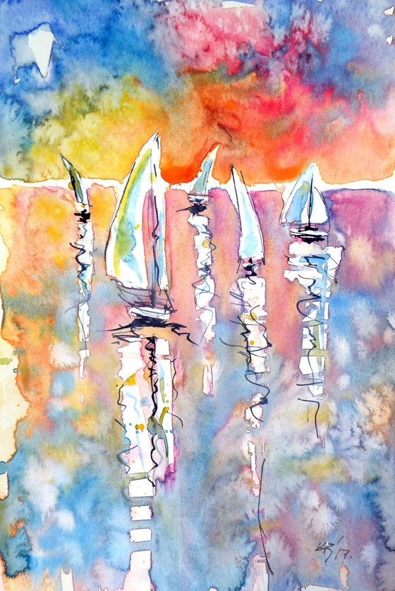 Five sailboats