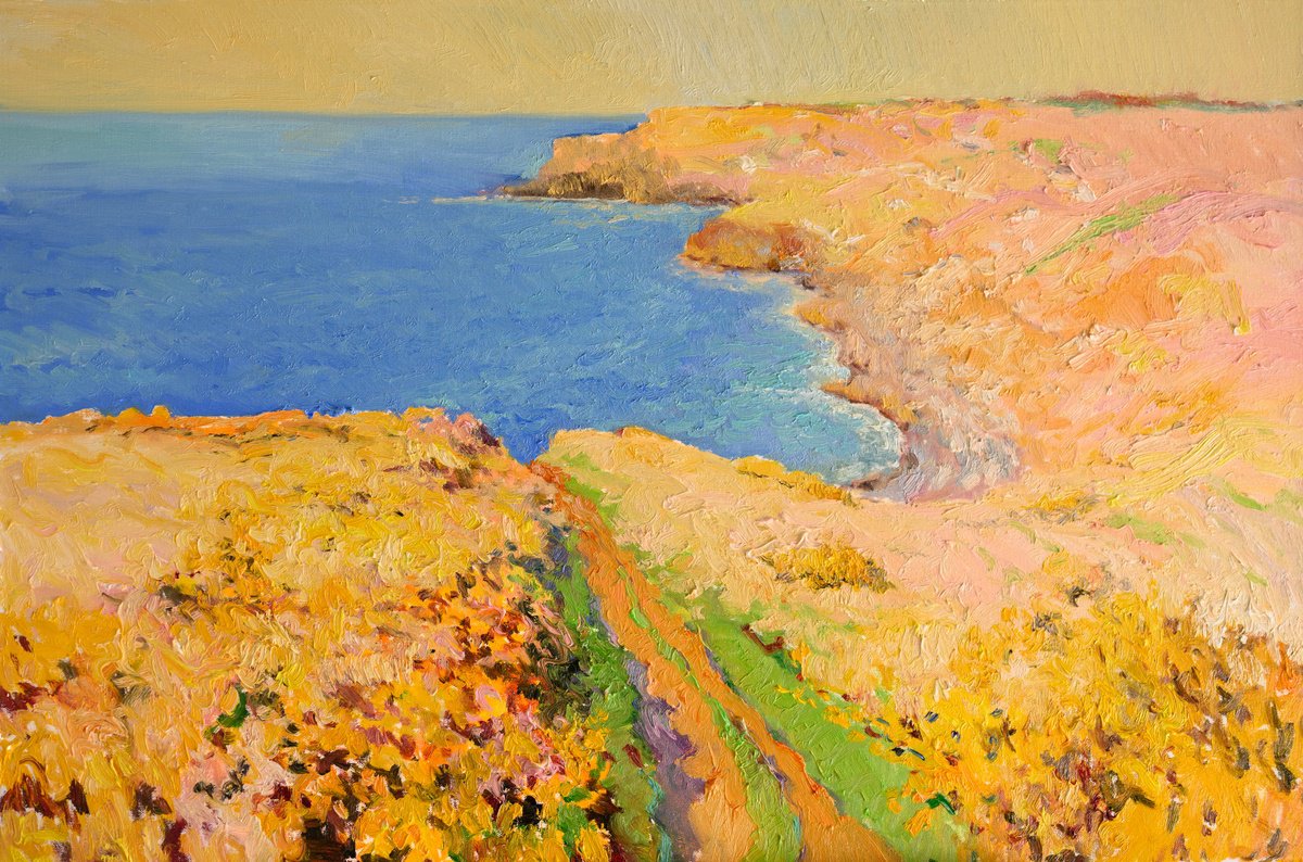 Expressive Landscape Oil Painting By Suren Nersisyan, 36 X 24", Pacific Coast, Sunny Day, Original Artwork