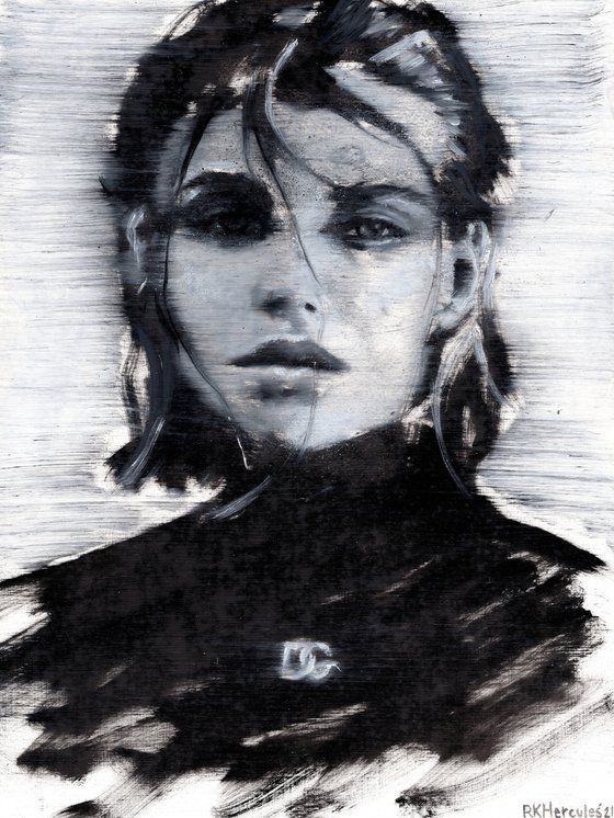 Emilia | Black and white woman portrait oil painting on paper | beautiful powerful lady face