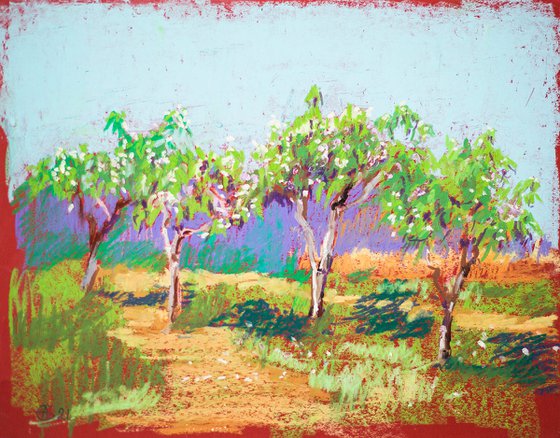 Apple garden. Sunny urban natural impressionistic landscape. Medium size oil pastel impressionistic interior painting travel decor Spain Madrid