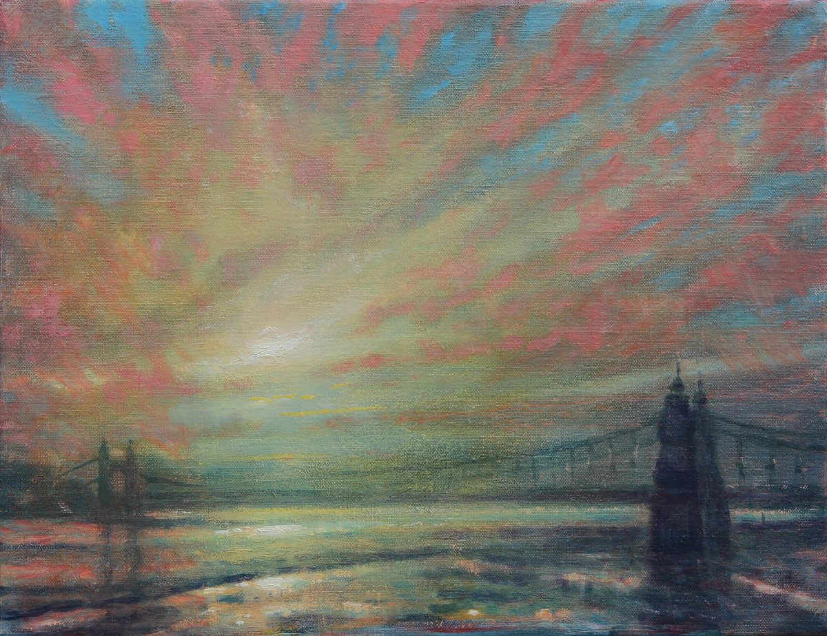 Impressionistic Landscape Oil Painting By Derek Hare, 23 X 19, Sunset At Hammersmith Bridge, Original Artwork